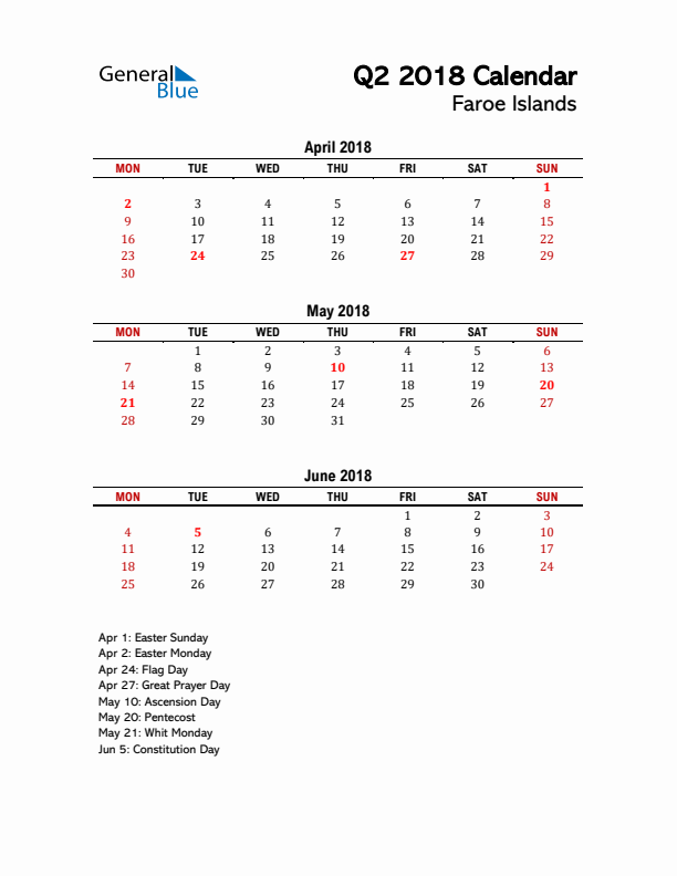 2018 Q2 Calendar with Holidays List for Faroe Islands