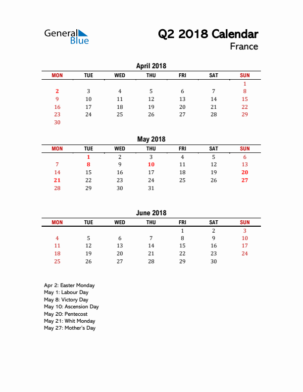 2018 Q2 Calendar with Holidays List for France