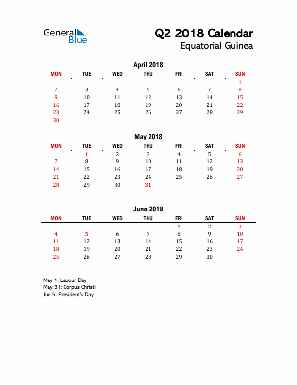 2018 Q2 Calendar with Holidays List for Equatorial Guinea