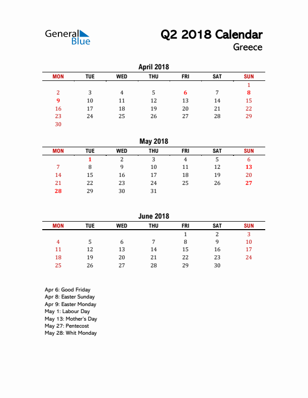 2018 Q2 Calendar with Holidays List for Greece