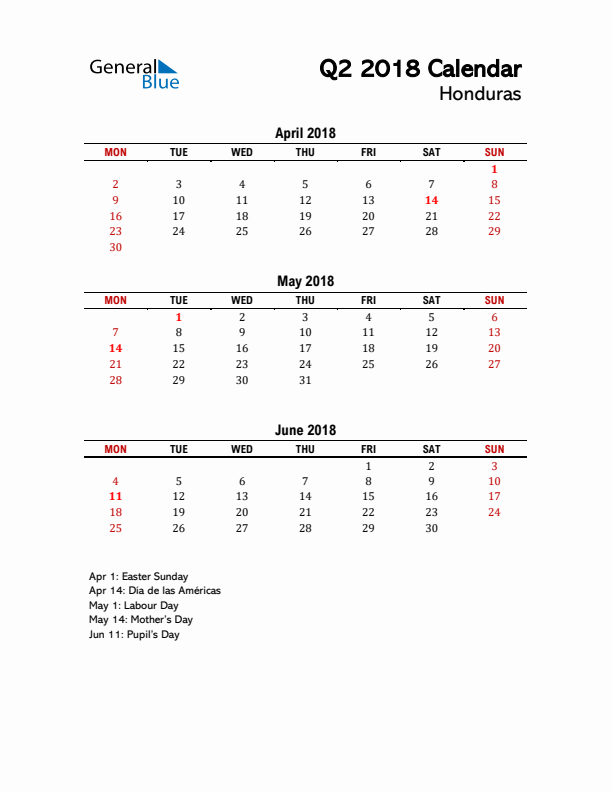 2018 Q2 Calendar with Holidays List for Honduras