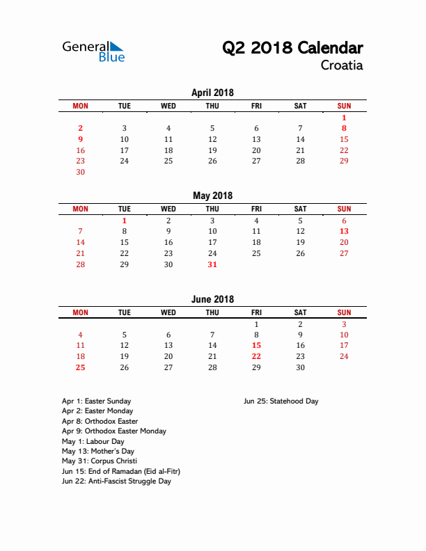 2018 Q2 Calendar with Holidays List for Croatia