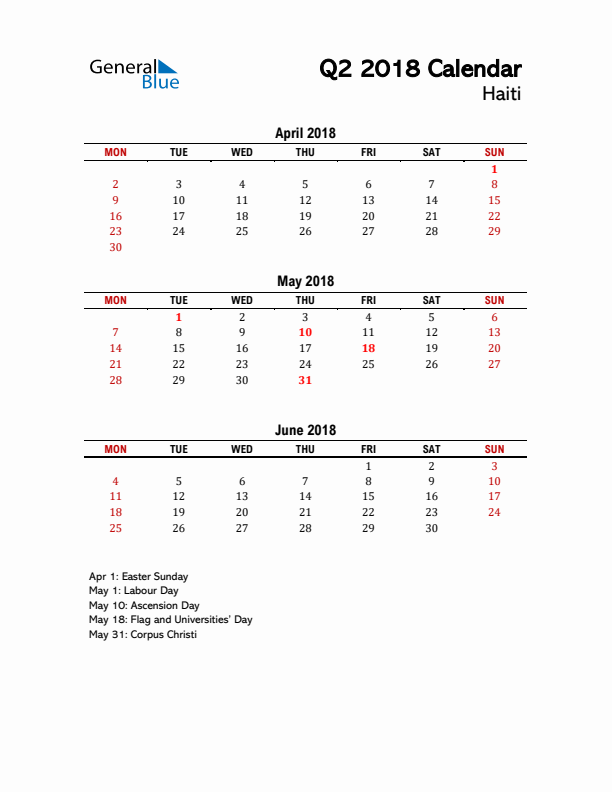 2018 Q2 Calendar with Holidays List for Haiti