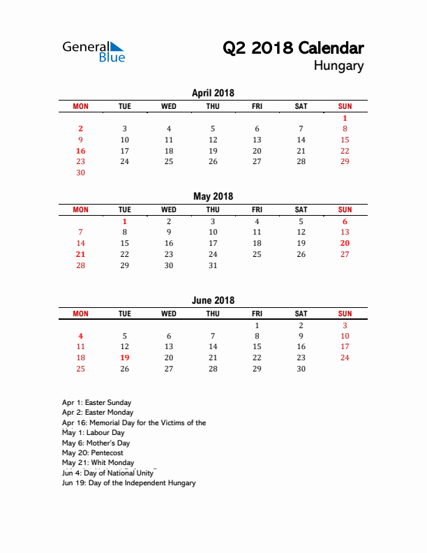 2018 Q2 Calendar with Holidays List for Hungary