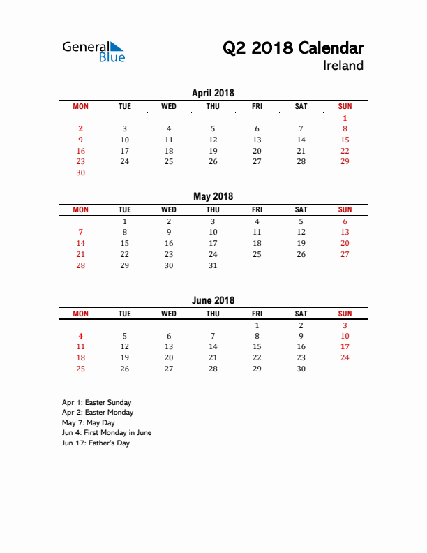 2018 Q2 Calendar with Holidays List for Ireland