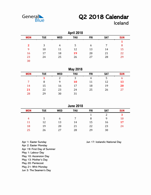 2018 Q2 Calendar with Holidays List for Iceland