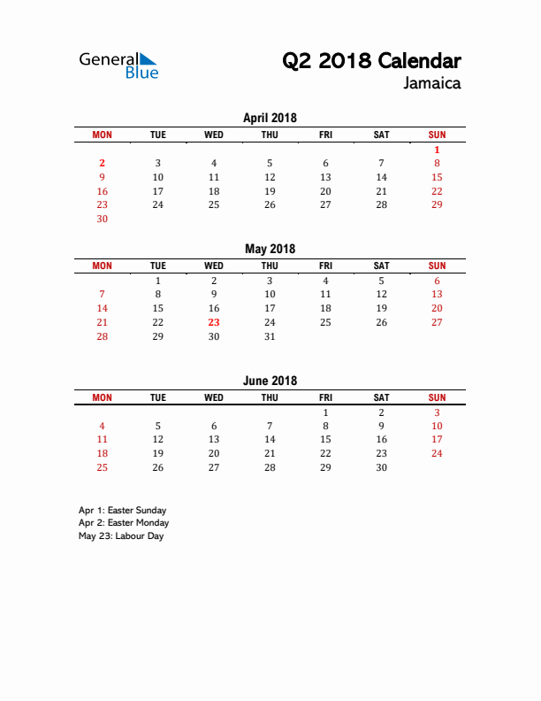 2018 Q2 Calendar with Holidays List for Jamaica