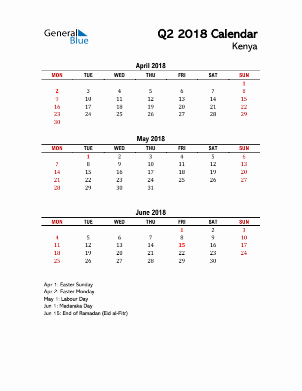 2018 Q2 Calendar with Holidays List for Kenya