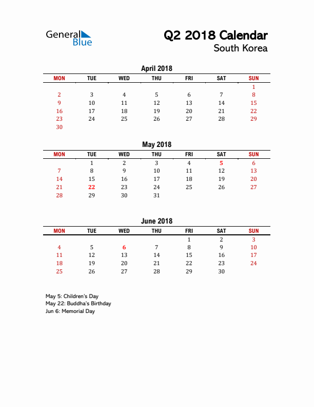 2018 Q2 Calendar with Holidays List for South Korea