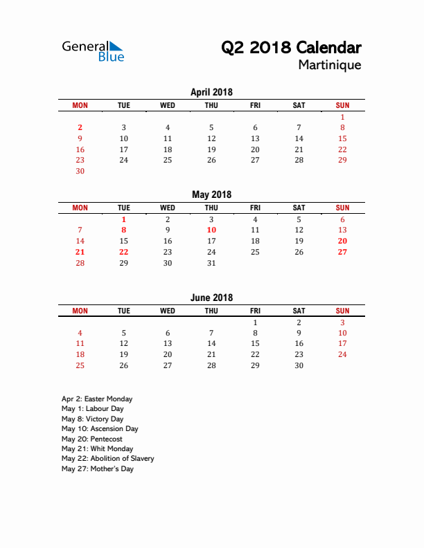 2018 Q2 Calendar with Holidays List for Martinique