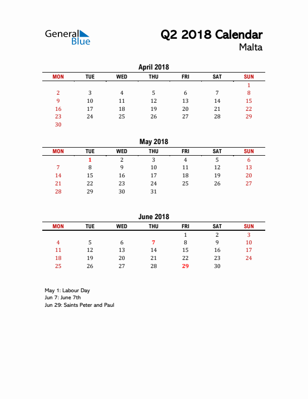 2018 Q2 Calendar with Holidays List for Malta