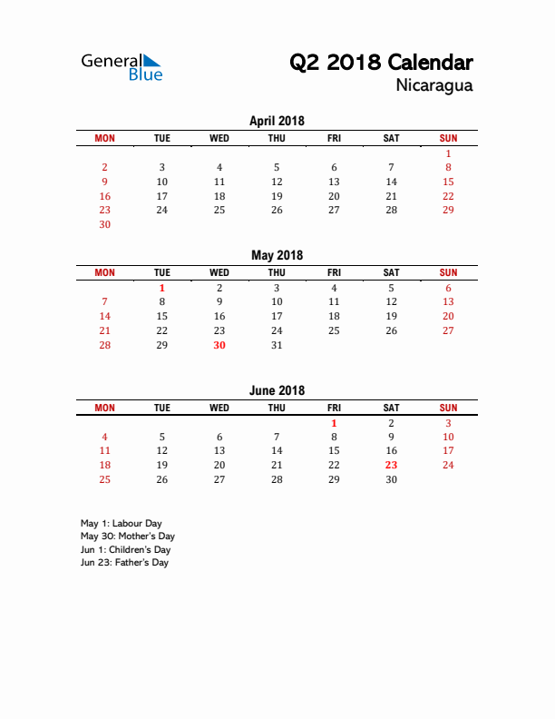 2018 Q2 Calendar with Holidays List for Nicaragua