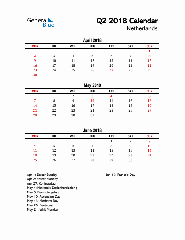 2018 Q2 Calendar with Holidays List for The Netherlands