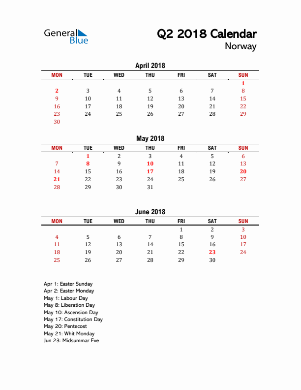 2018 Q2 Calendar with Holidays List for Norway