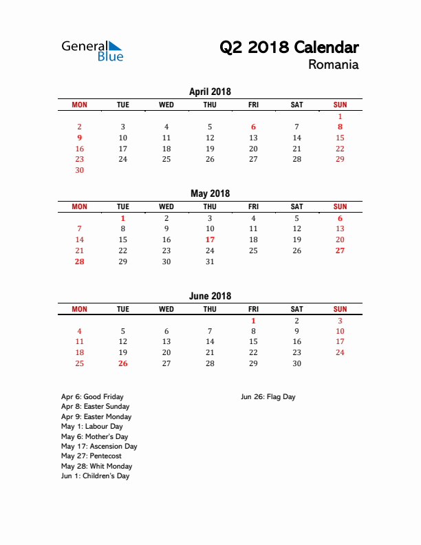 2018 Q2 Calendar with Holidays List for Romania