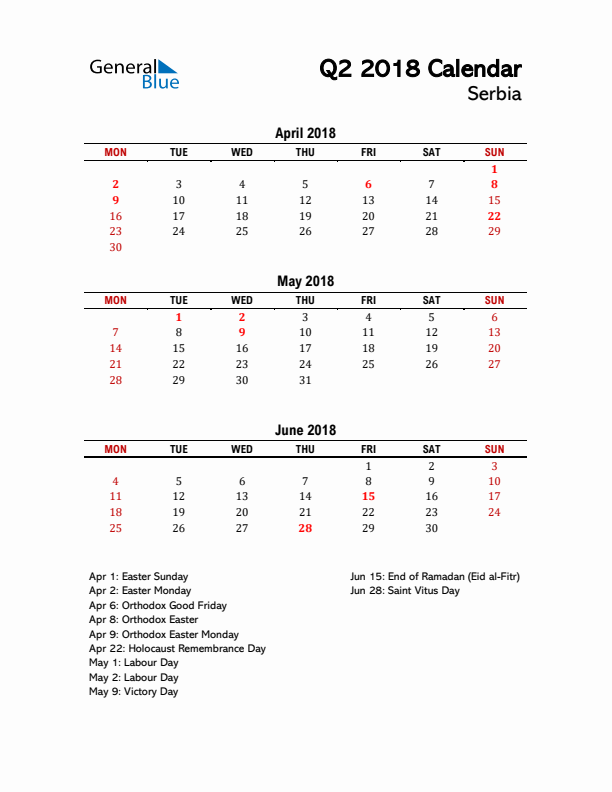 2018 Q2 Calendar with Holidays List for Serbia