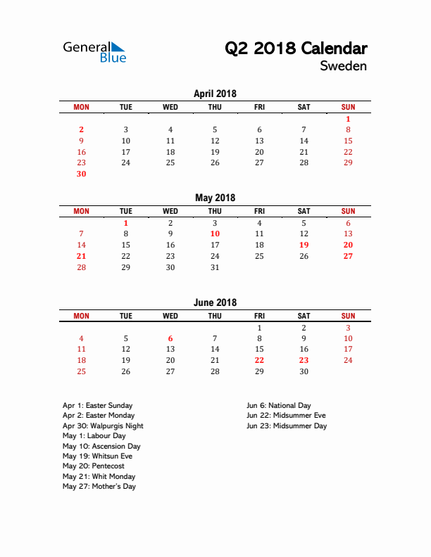 2018 Q2 Calendar with Holidays List for Sweden