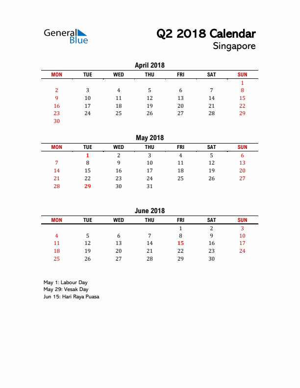 2018 Q2 Calendar with Holidays List for Singapore