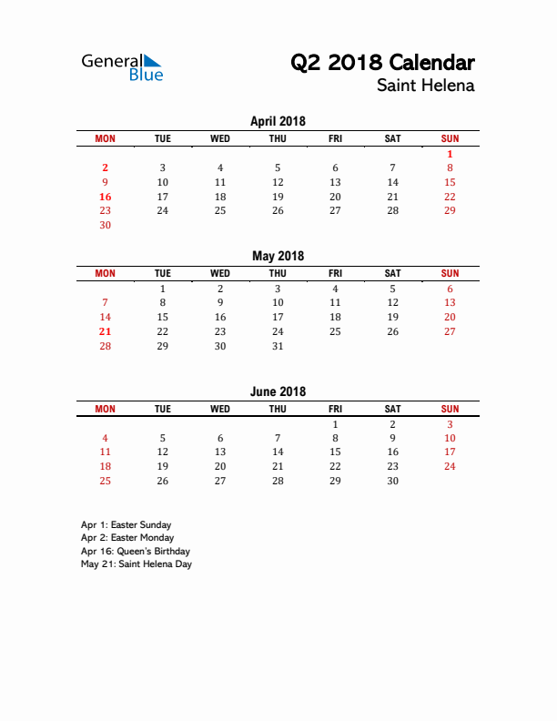 2018 Q2 Calendar with Holidays List for Saint Helena