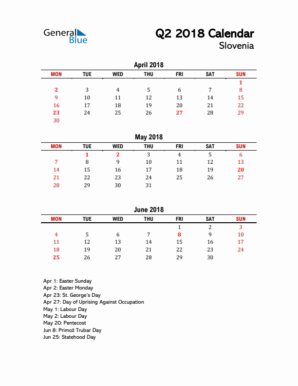 2018 Q2 Calendar with Holidays List for Slovenia