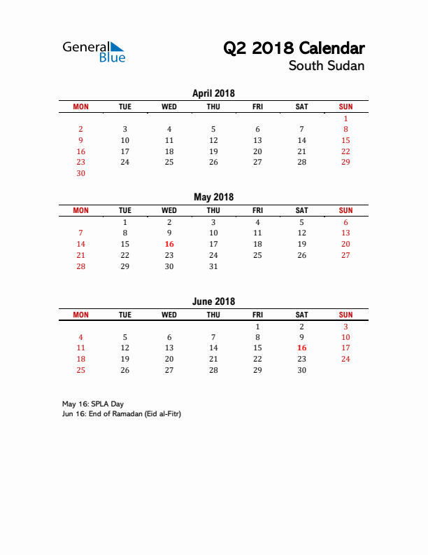 2018 Q2 Calendar with Holidays List for South Sudan