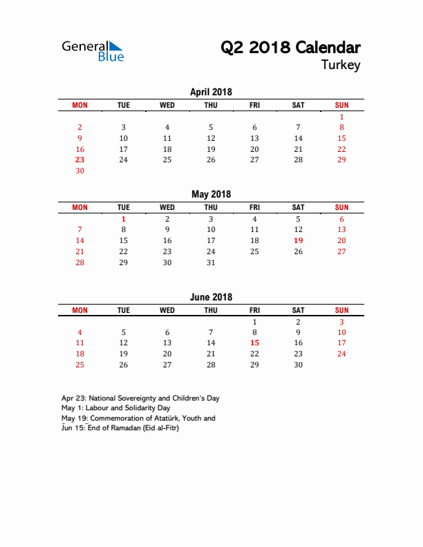 2018 Q2 Calendar with Holidays List for Turkey