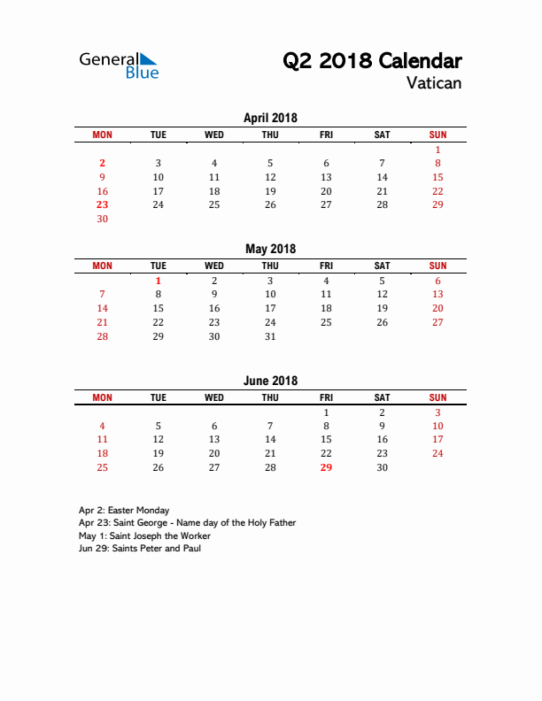 2018 Q2 Calendar with Holidays List for Vatican