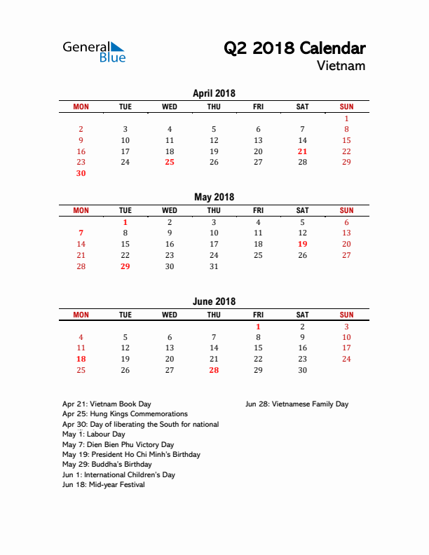 2018 Q2 Calendar with Holidays List for Vietnam