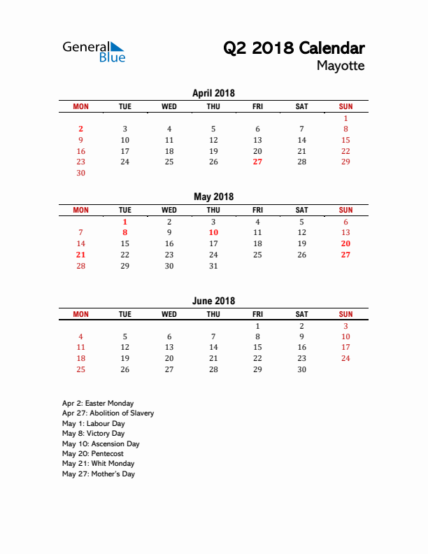 2018 Q2 Calendar with Holidays List for Mayotte