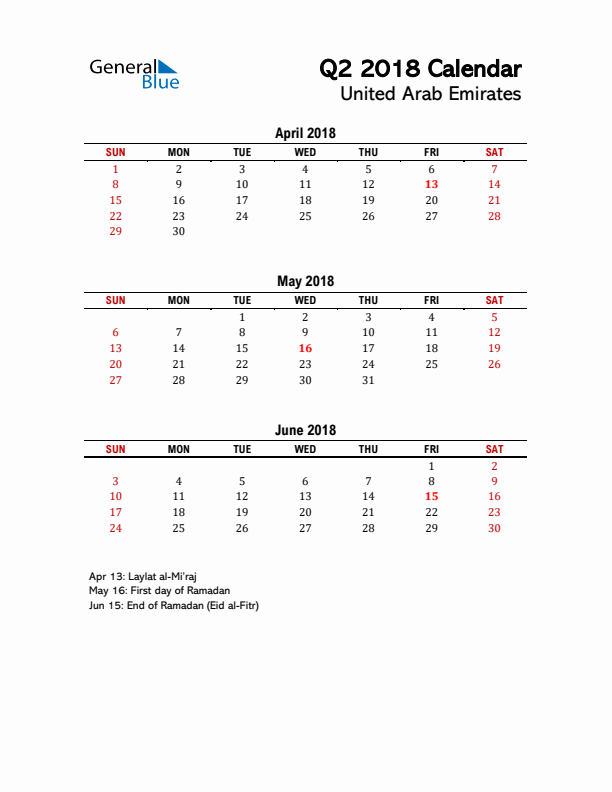 2018 Q2 Calendar with Holidays List for United Arab Emirates