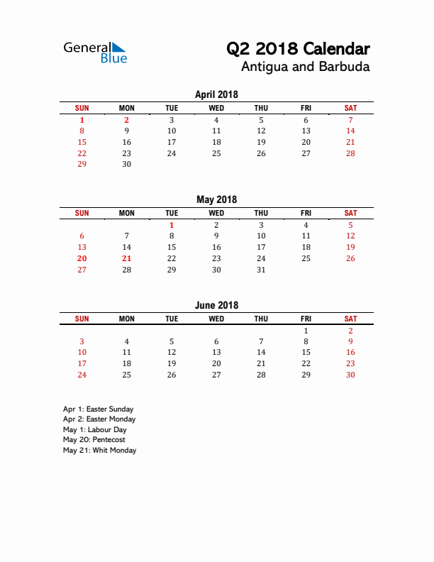 2018 Q2 Calendar with Holidays List for Antigua and Barbuda