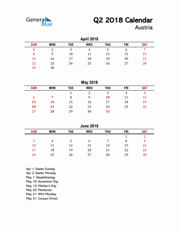 2018 Q2 Calendar with Holidays List for Austria