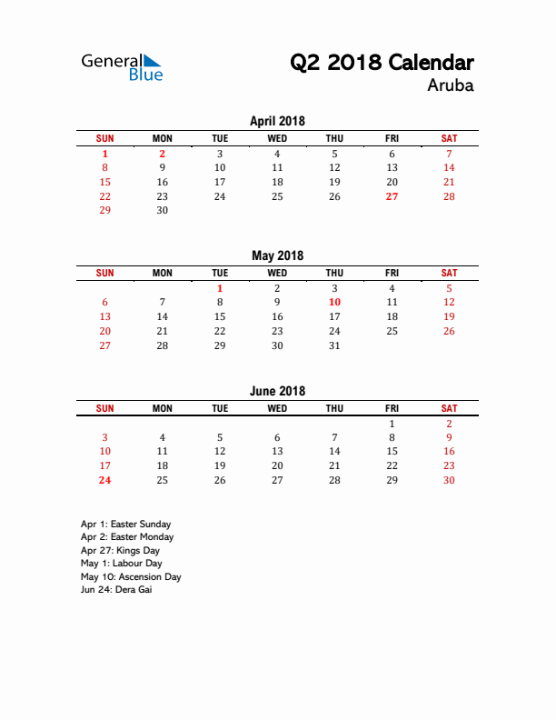 2018 Q2 Calendar with Holidays List for Aruba