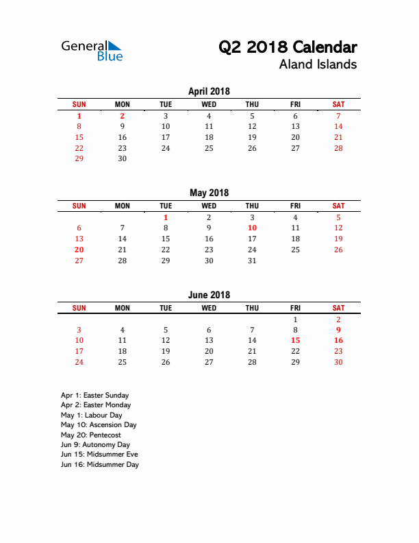 2018 Q2 Calendar with Holidays List for Aland Islands