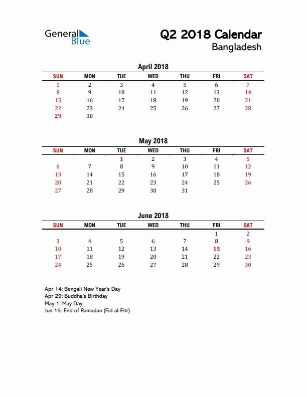 2018 Q2 Calendar with Holidays List for Bangladesh