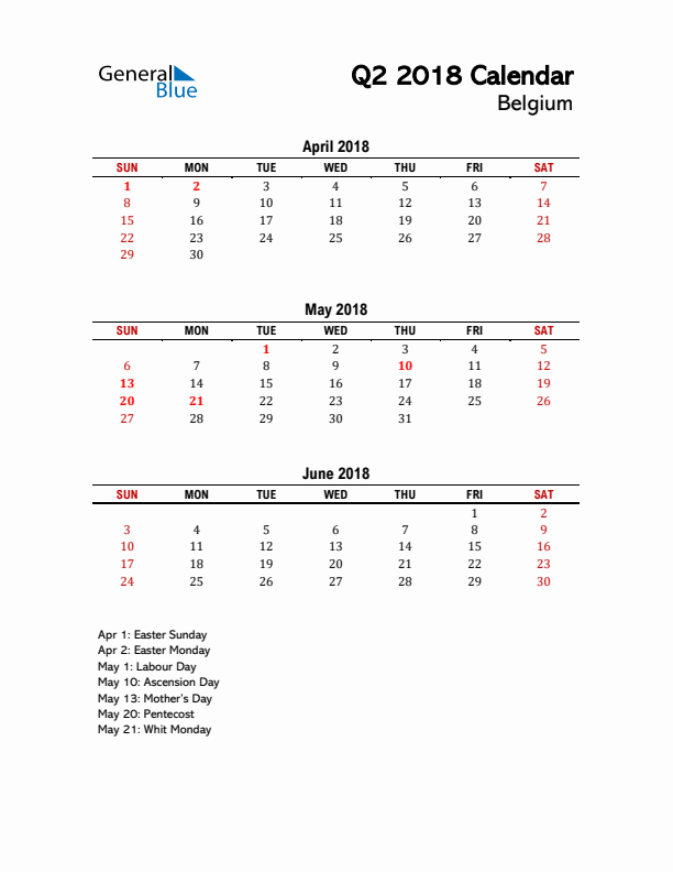 2018 Q2 Calendar with Holidays List for Belgium