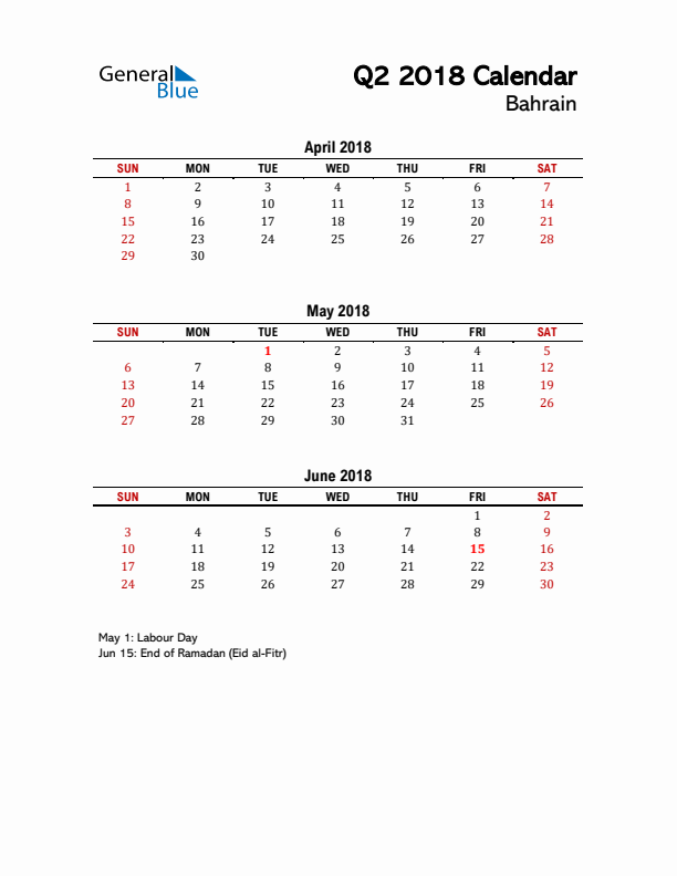 2018 Q2 Calendar with Holidays List for Bahrain