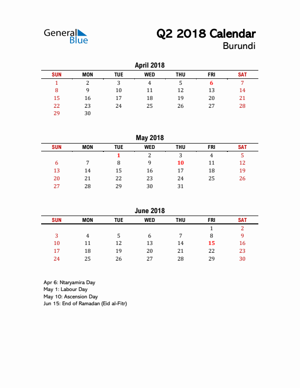 2018 Q2 Calendar with Holidays List for Burundi