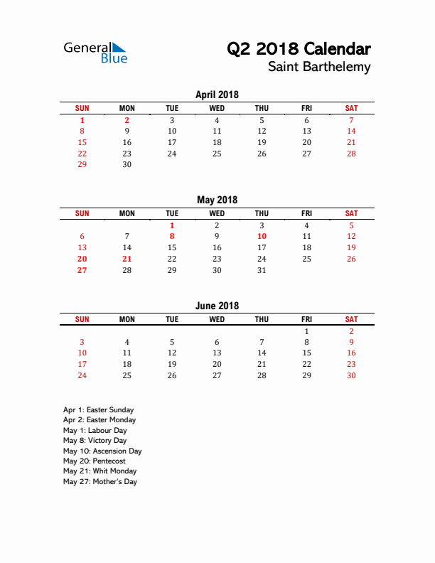 2018 Q2 Calendar with Holidays List for Saint Barthelemy