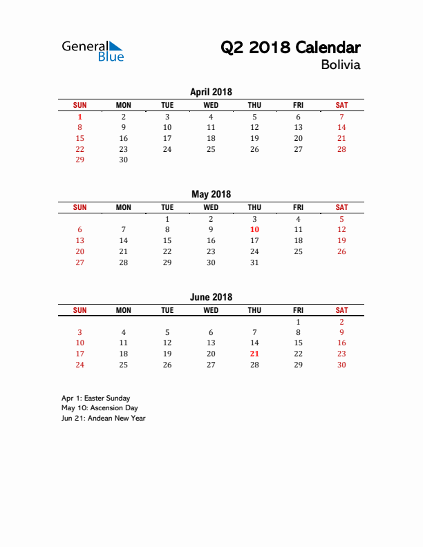 2018 Q2 Calendar with Holidays List for Bolivia