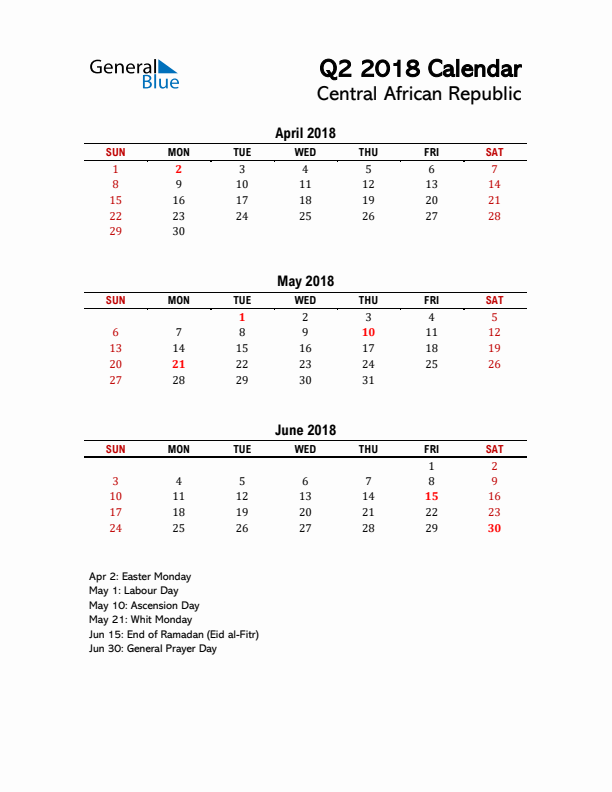 2018 Q2 Calendar with Holidays List for Central African Republic