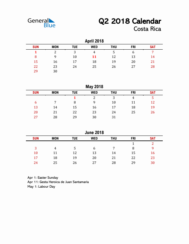 2018 Q2 Calendar with Holidays List for Costa Rica