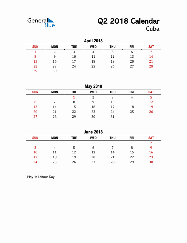 2018 Q2 Calendar with Holidays List for Cuba