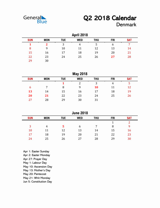 2018 Q2 Calendar with Holidays List for Denmark