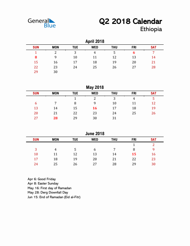 2018 Q2 Calendar with Holidays List for Ethiopia