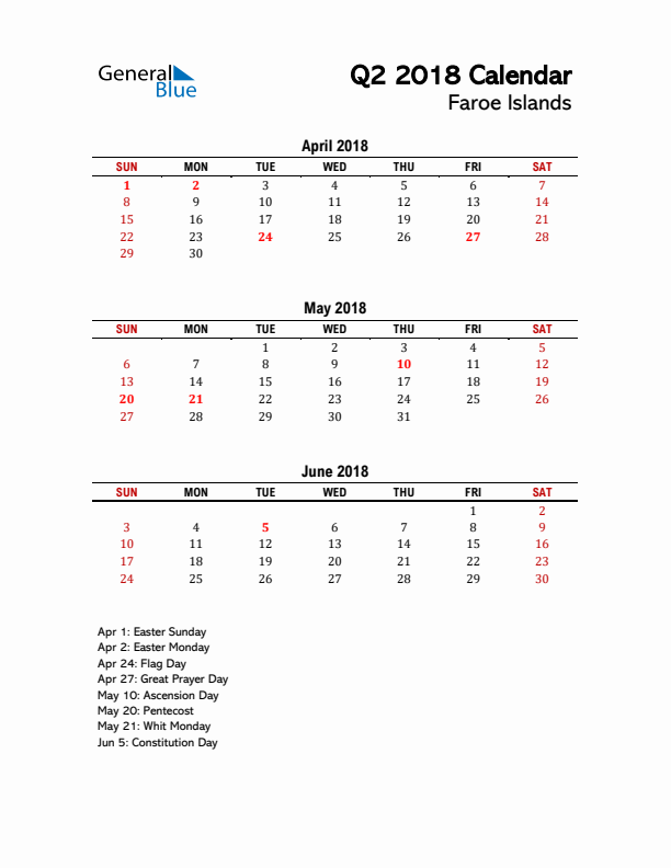 2018 Q2 Calendar with Holidays List for Faroe Islands