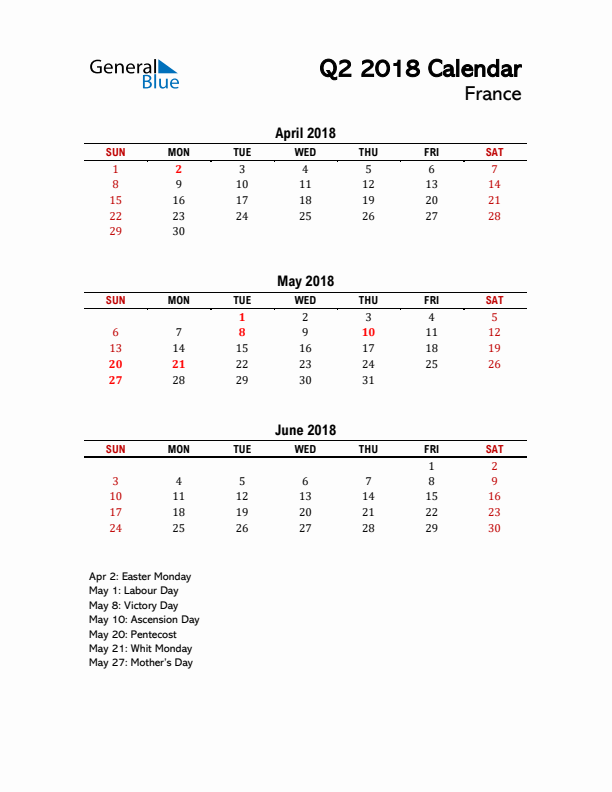 2018 Q2 Calendar with Holidays List for France