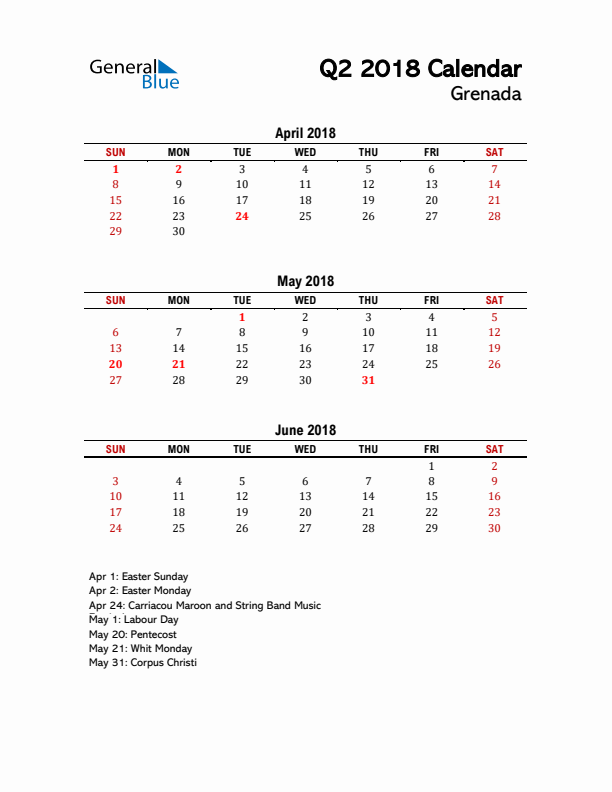 2018 Q2 Calendar with Holidays List for Grenada