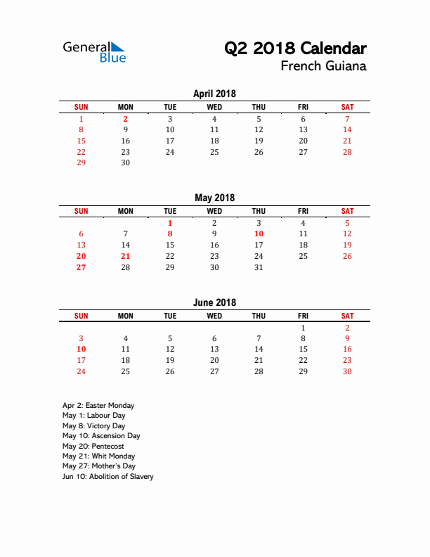 2018 Q2 Calendar with Holidays List for French Guiana