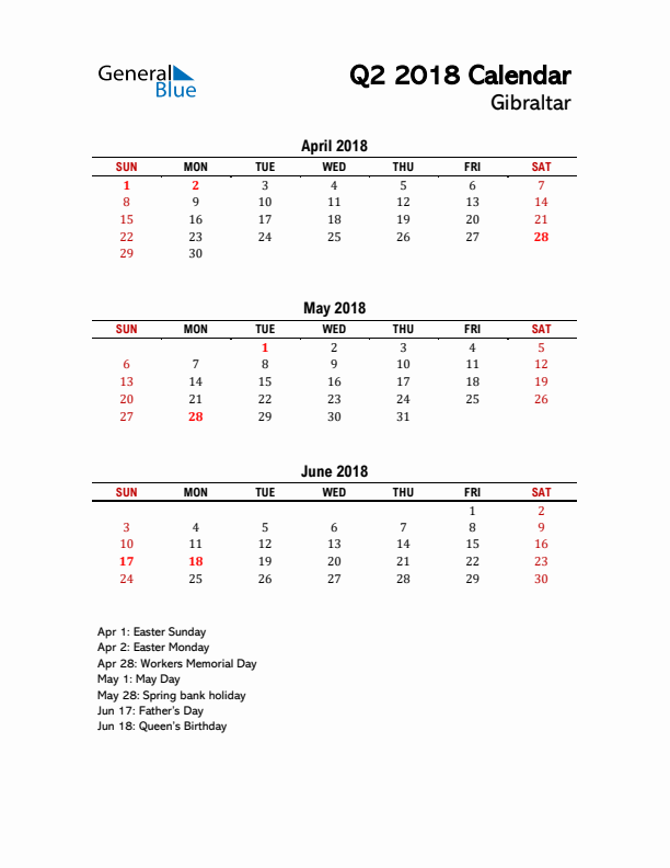 2018 Q2 Calendar with Holidays List for Gibraltar